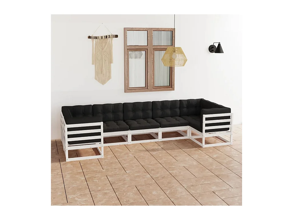 7-delige Loungeset met kussens massief grenenhout wit