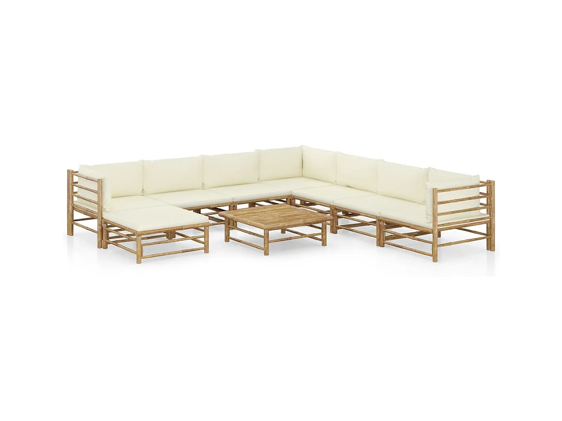 Salon de jardin 9 pcs avec coussins blanc crème bambou