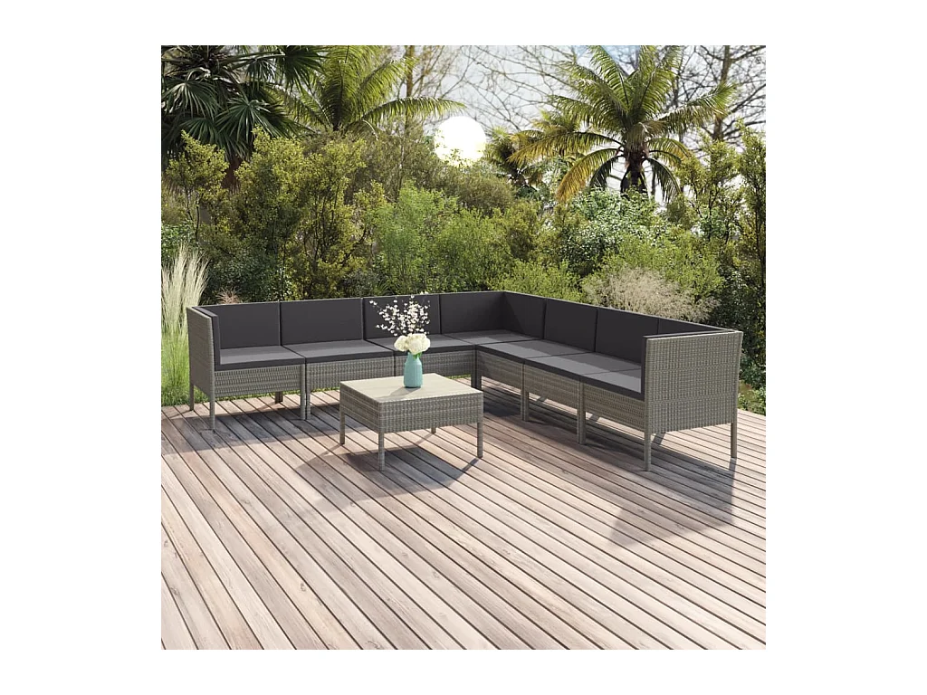 Salon de jardin 8 pcs avec coussins résine tressée gris