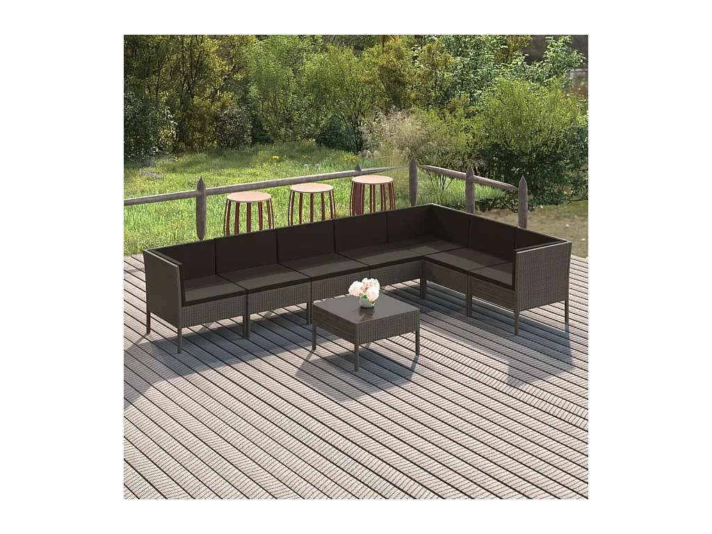Salon de jardin 8 pcs avec coussins résine tressée gris