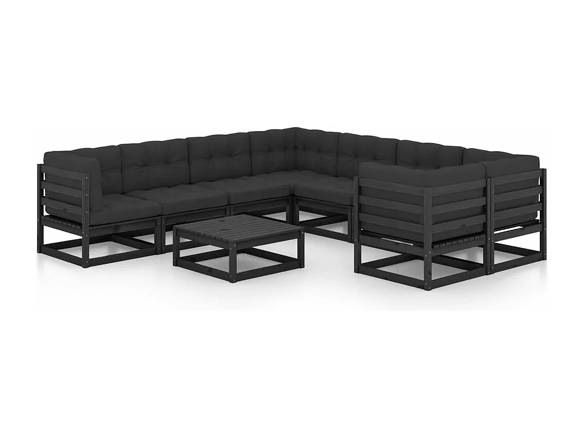 Salon de jardin 9 pcs avec coussins noir bois de pin massif