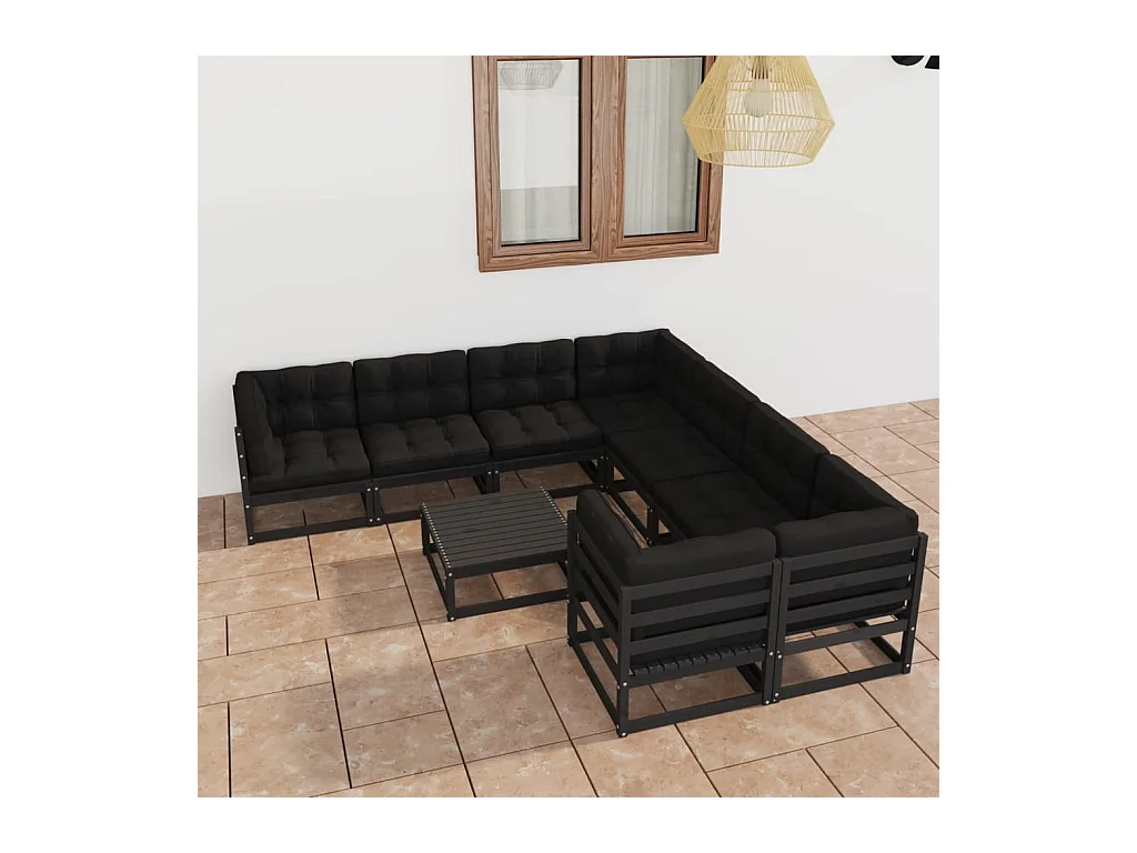 Salon de jardin 9 pcs avec coussins noir bois de pin massif