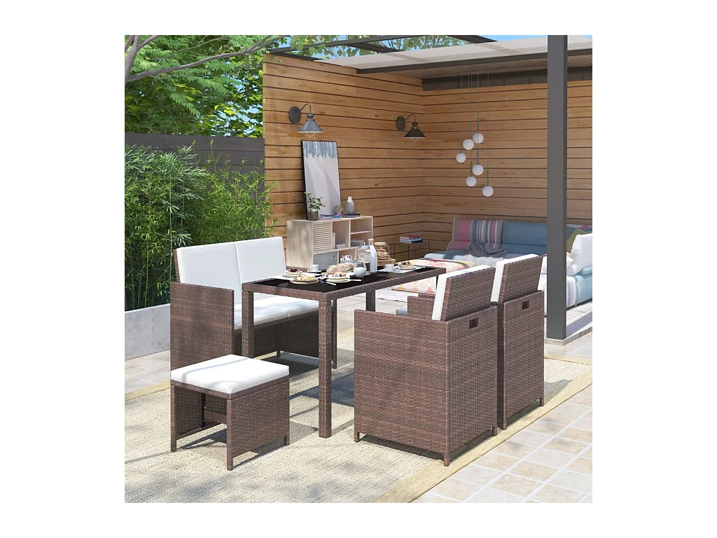 6-tlg. Garten-Essgruppe mit Auflagen Poly Rattan Braun