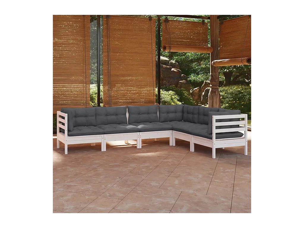 6-tlg. Garten-Lounge-Set mit Kissen Weiß Kiefer Massivholz