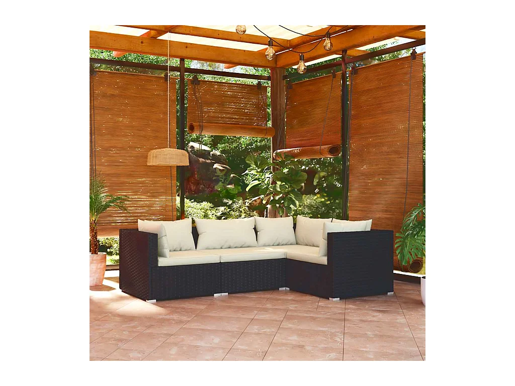 Salon de jardin 4 pcs avec coussins Résine tressée Noir