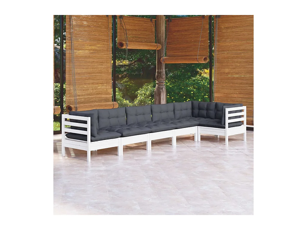 Set Divani da Giardino 6 pz con Cuscini Bianchi Legno di Pino