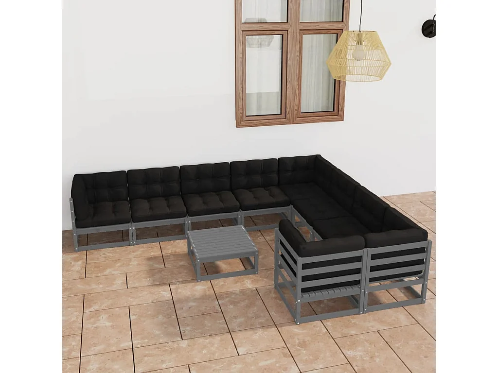 Salon de jardin 10 pcs avec coussins Gris Bois de pin massif