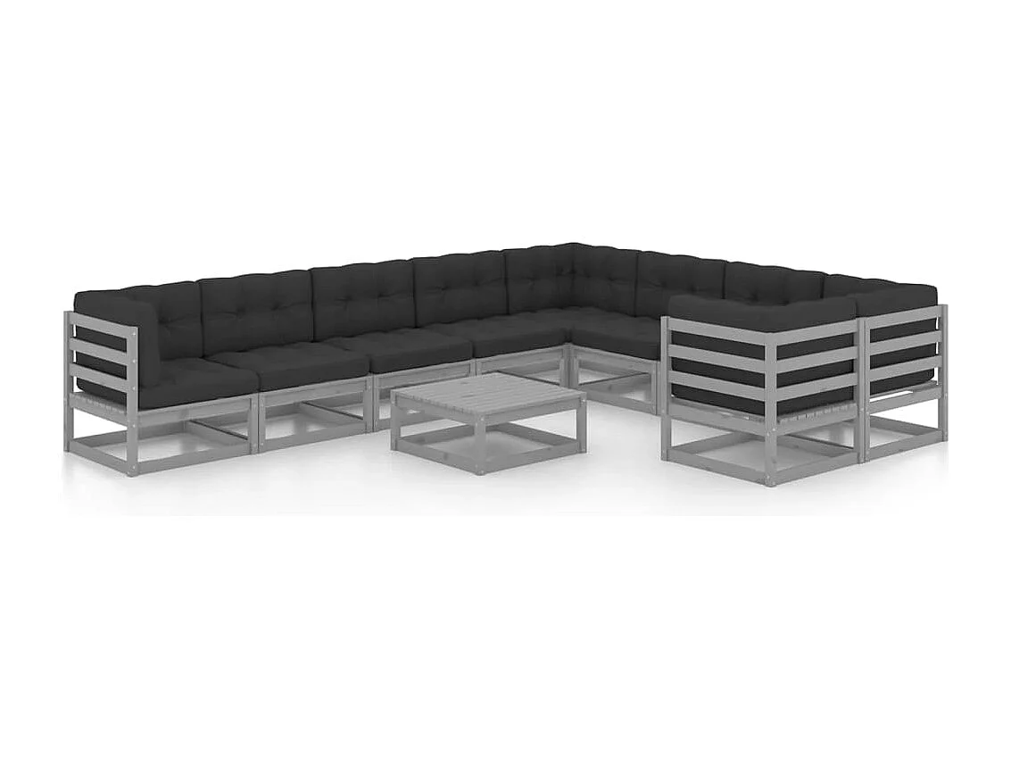 Salon de jardin 10 pcs avec coussins Gris Bois de pin massif