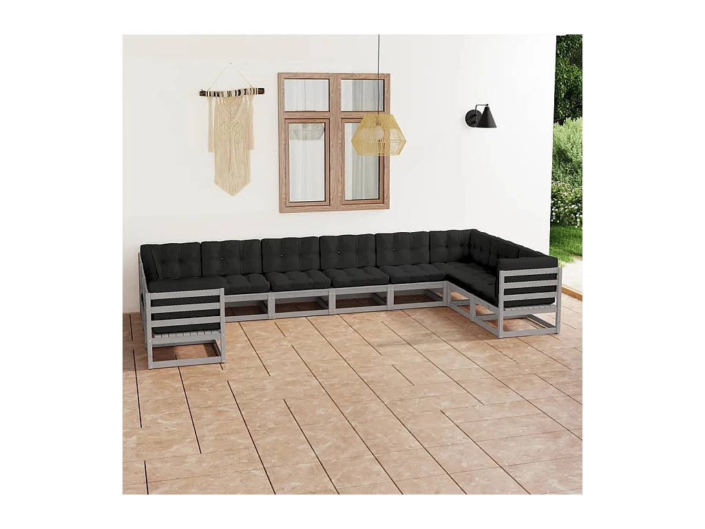 Salon de jardin 10 pcs avec coussins Gris Bois de pin massif