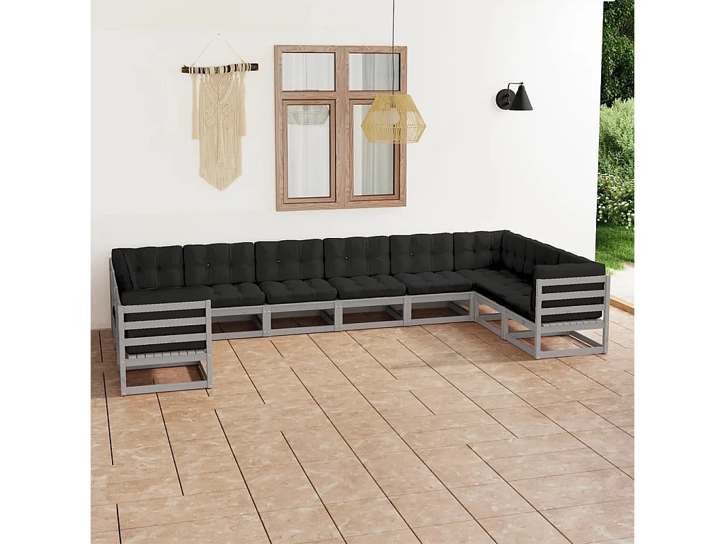 Salon de jardin 10 pcs avec coussins Gris Bois de pin massif