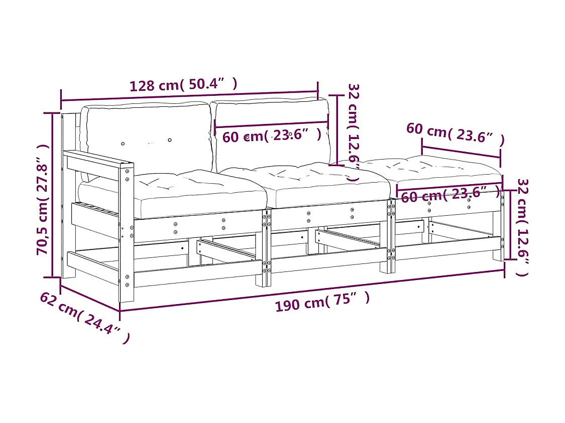 3-tlg. Garten-Lounge-Set mit Kissen Massivholz Douglasie
