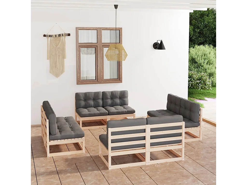 Set Divani da Giardino 8 pz con Cuscini Legno Massello Pino