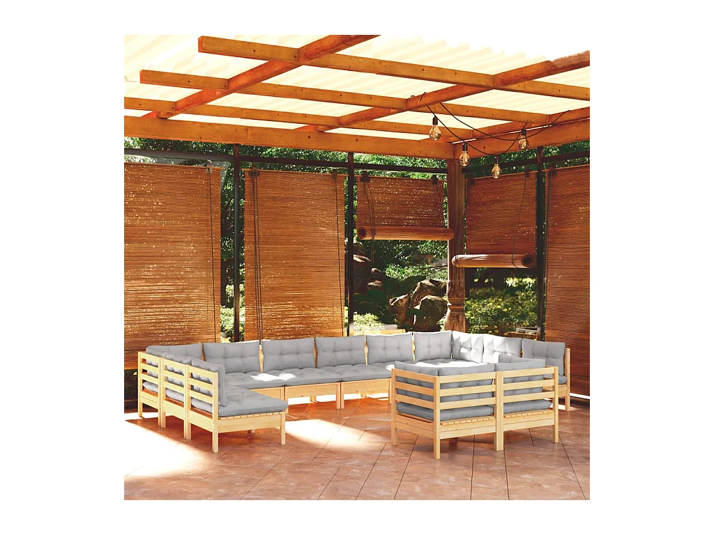 Salon de jardin 12 pcs avec coussins gris Bois de pin massif