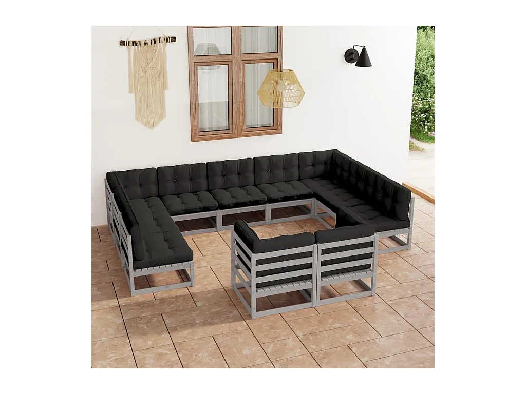 Salon de jardin 11 pcs avec coussins Gris Bois de pin massif