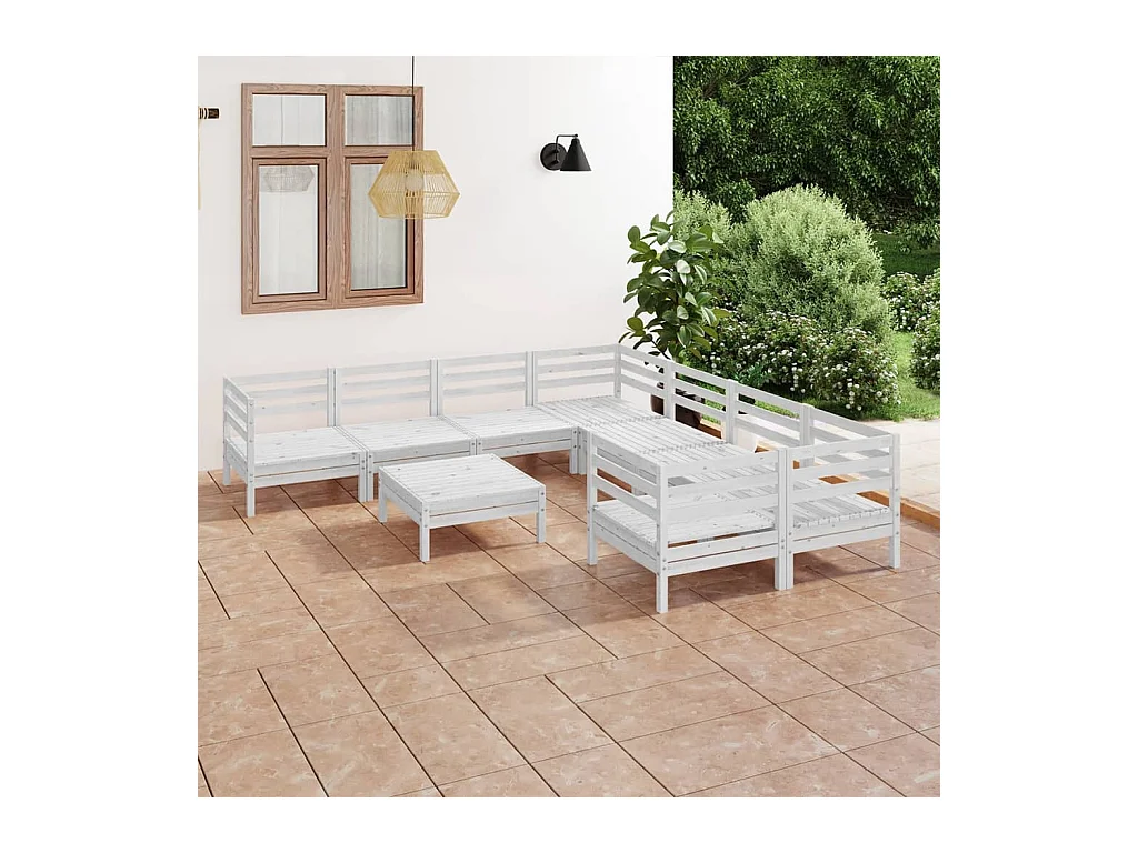 Salon de jardin 9 pcs Blanc Bois de pin massif