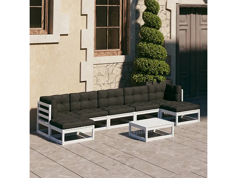 Set muebles jardín con cojines 8 pzas madera maciza pino blanco