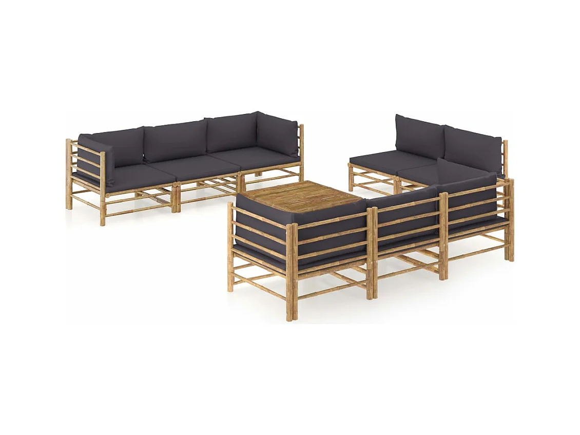 Salon de jardin 9 pcs avec coussins gris foncé bambou