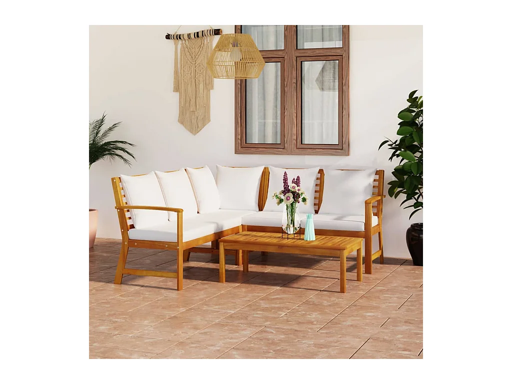 Set Divani da Giardino 4 pz con Cuscini Crema in Legno Acacia