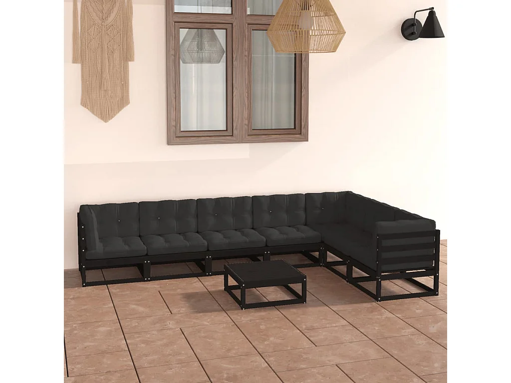 8 pcs conjunto lounge jardim c/ almofadões pinho maciço preto