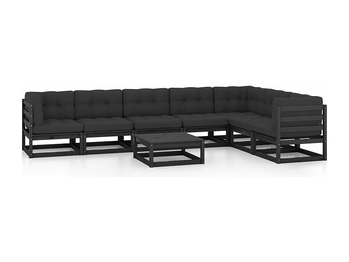 8 pcs conjunto lounge jardim c/ almofadões pinho maciço preto