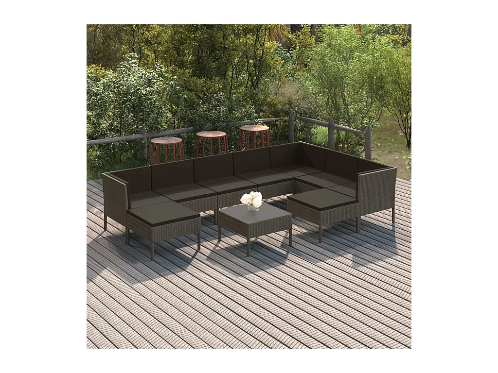 10-delige Loungeset met kussens poly rattan grijs