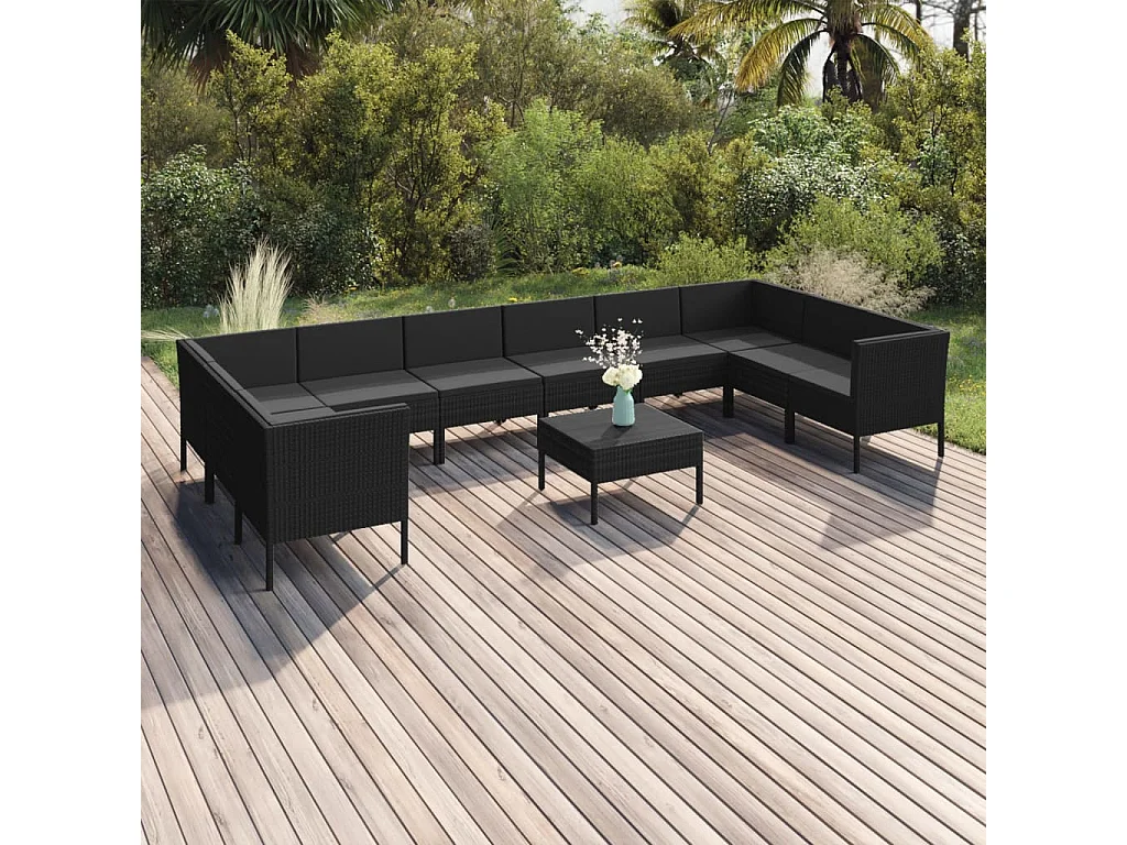 Salon de jardin 11 pcs avec coussins Résine tressée Noir