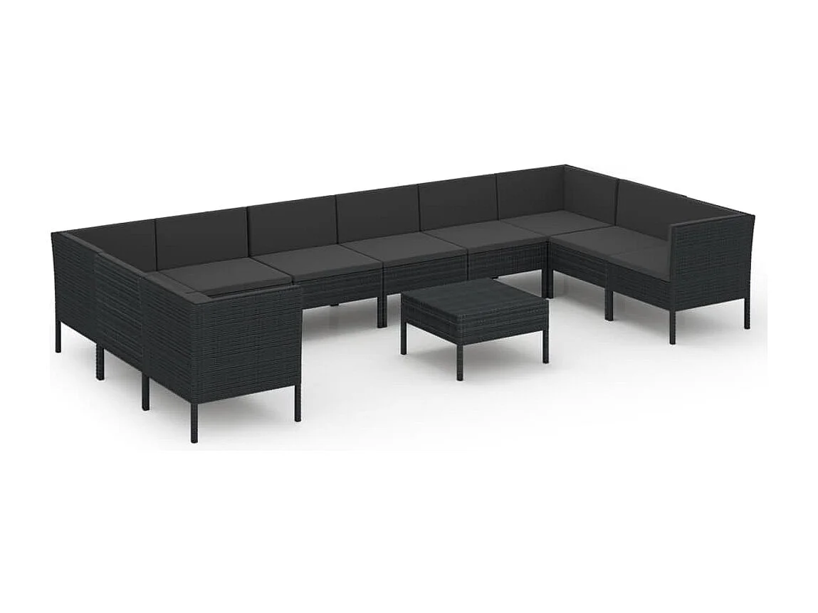 Salon de jardin 11 pcs avec coussins Résine tressée Noir