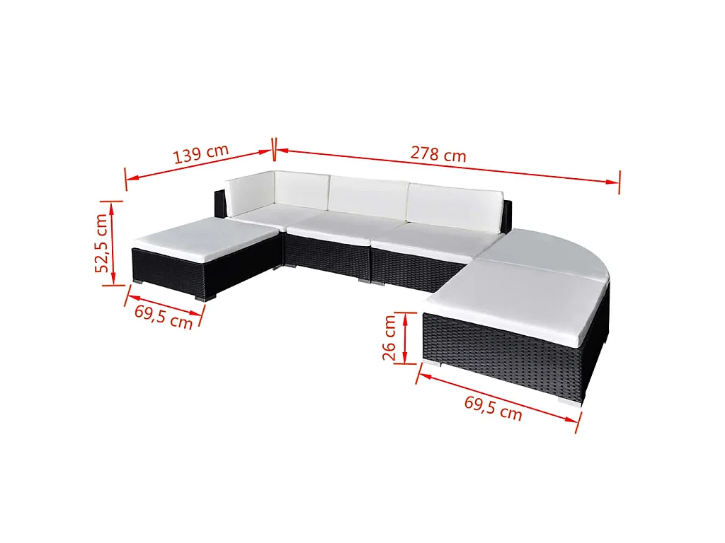 6-delige Loungeset met kussens poly rattan zwart
