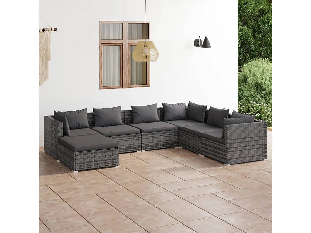 7 pcs conjunto lounge de jardim c/ almofadões vime PE cinzento
