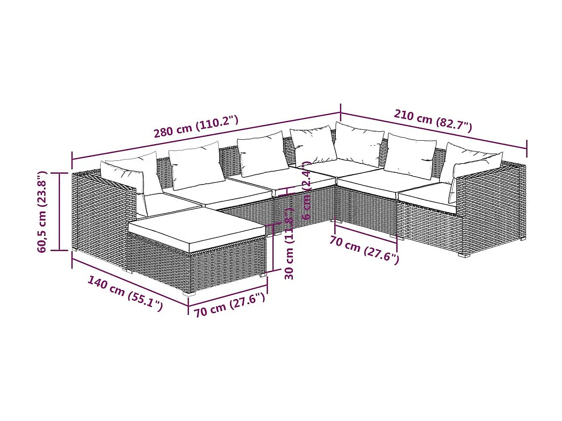 7 pcs conjunto lounge de jardim c/ almofadões vime PE cinzento