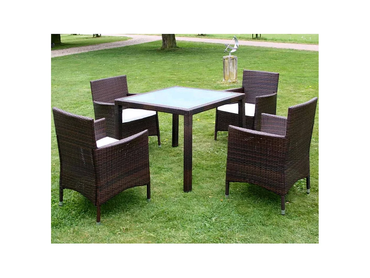Set da Pranzo da Giardino 5 pz con Cuscini Polyrattan Marrone