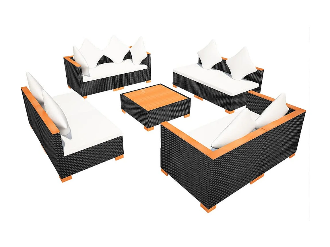 9-tlg. Garten-Lounge-Set mit Auflagen Poly Rattan Schwarz