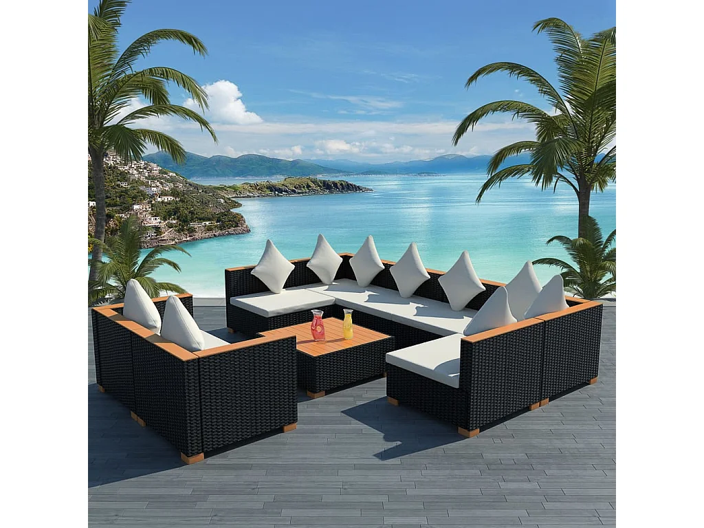 9-tlg. Garten-Lounge-Set mit Auflagen Poly Rattan Schwarz