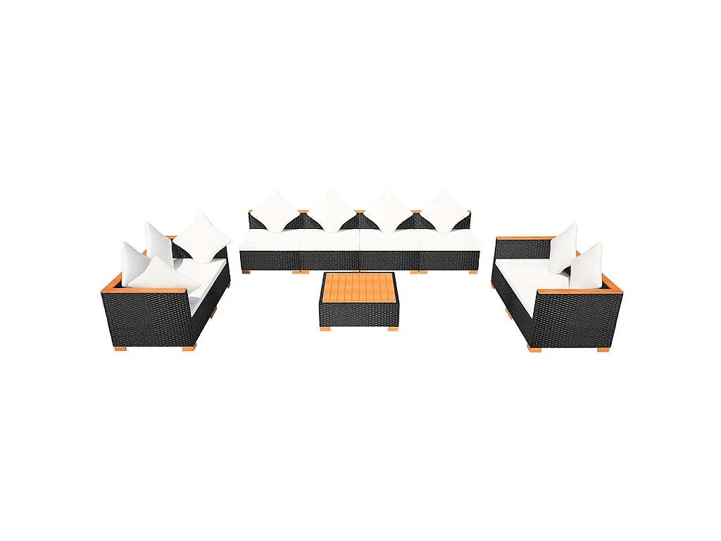 Salon de jardin 9 pcs avec coussins Résine tressée Noir