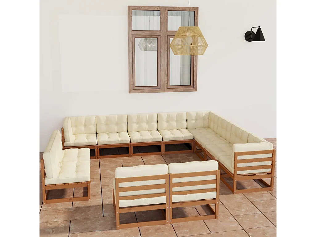 Salon de jardin 12 pcs avec coussins marron miel bois de pin