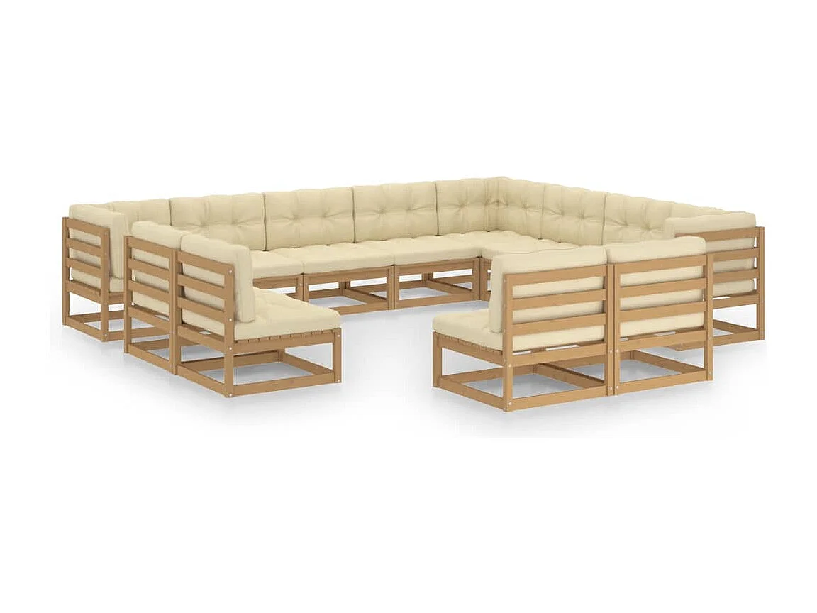 Salon de jardin 12 pcs avec coussins marron miel bois de pin