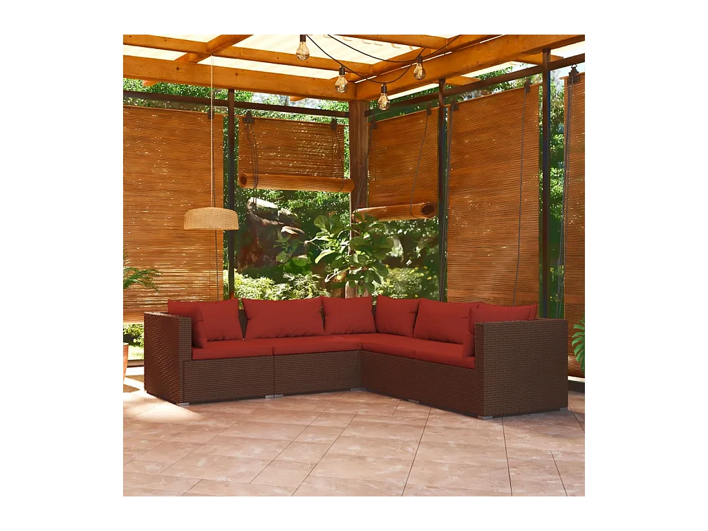 Salon de jardin 5 pcs avec coussins résine tressée marron