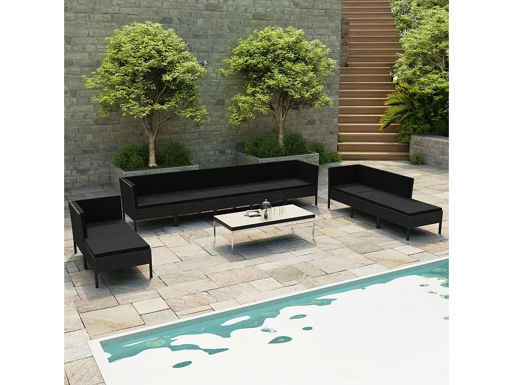 10-delige Loungeset met kussens poly rattan zwart