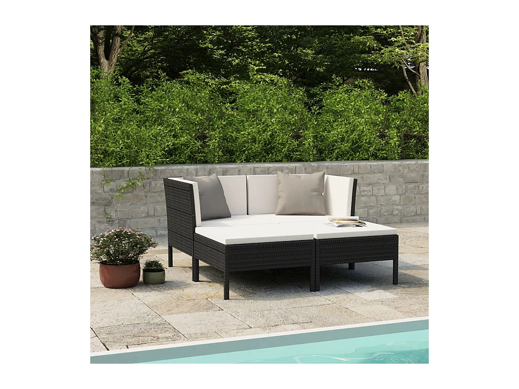 Salon de jardin 4 pcs avec coussins Résine tressée Noir