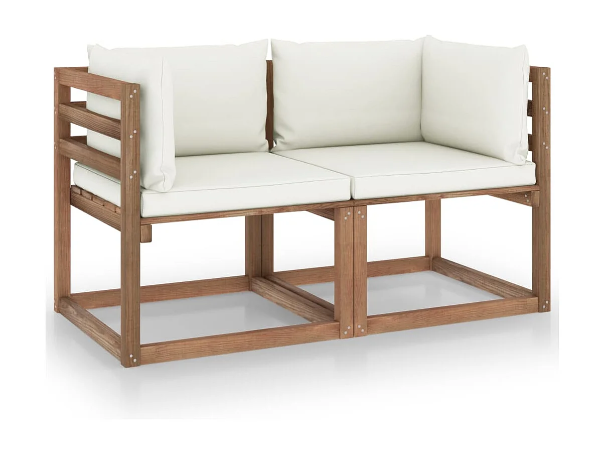 Tuinbank 2-zits pallet met crèmewitte kussens grenenhout