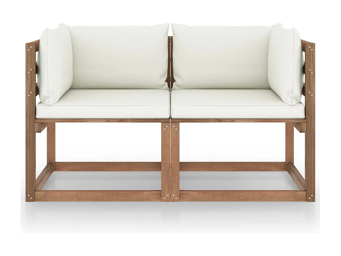 Tuinbank 2-zits pallet met crèmewitte kussens grenenhout