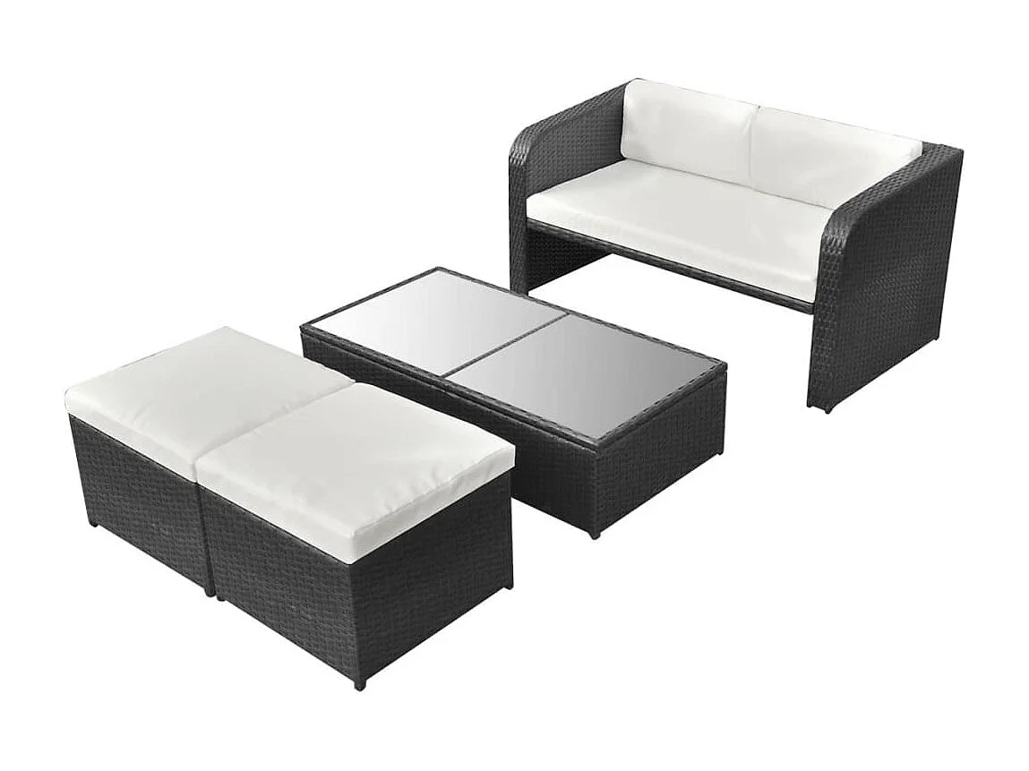 Salon de jardin 4 pcs avec coussins Résine tressée Noir