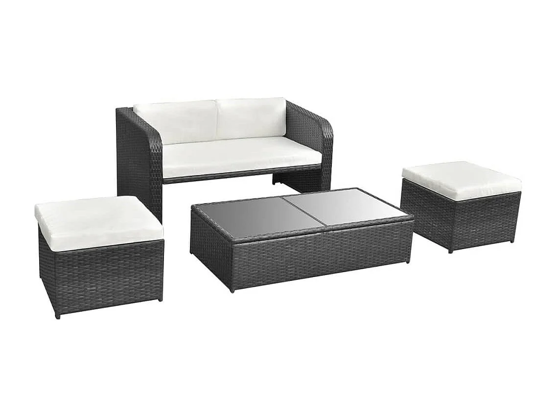 Salon de jardin 4 pcs avec coussins Résine tressée Noir