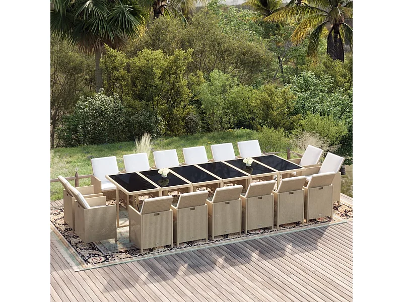 Ensemble à manger de jardin coussins 17pcs Résine tressée Beige