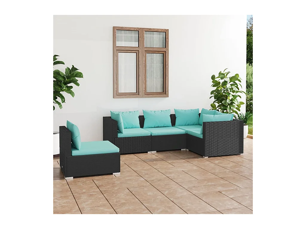 5-delige Loungeset met kussens poly rattan zwart