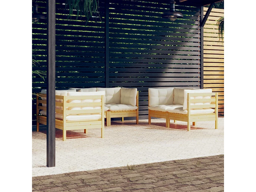 Salon de jardin 6 pcs avec coussins crème Bois de pin massif