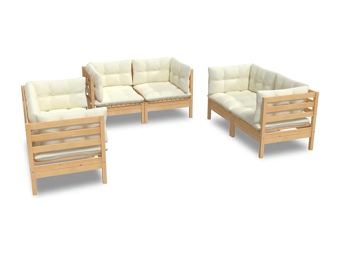 Salon de jardin 6 pcs avec coussins crème Bois de pin massif