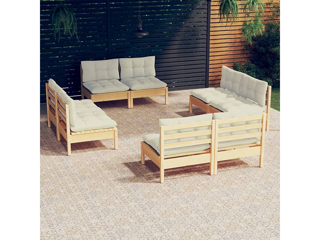 Set Salotto da Giardino 8 pz con Cuscini Crema in Legno di Pino