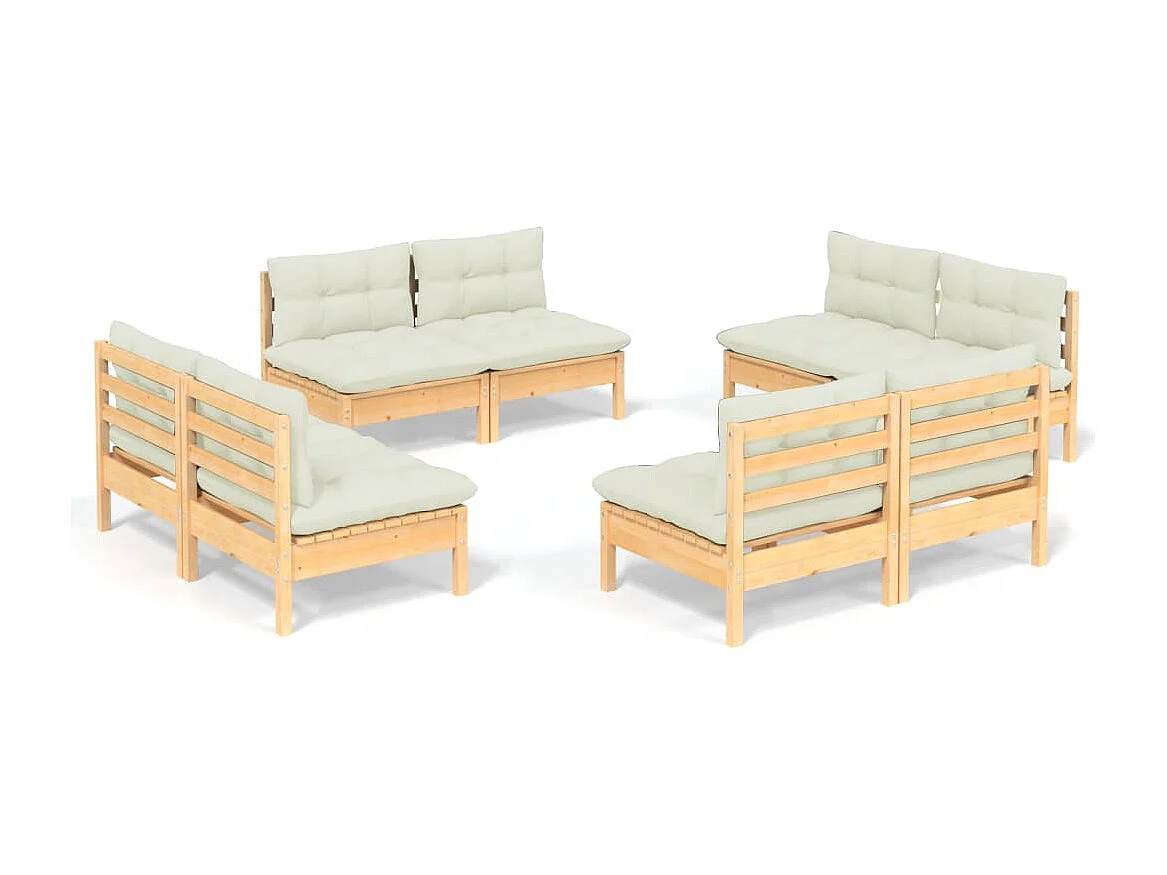 Set Salotto da Giardino 8 pz con Cuscini Crema in Legno di Pino