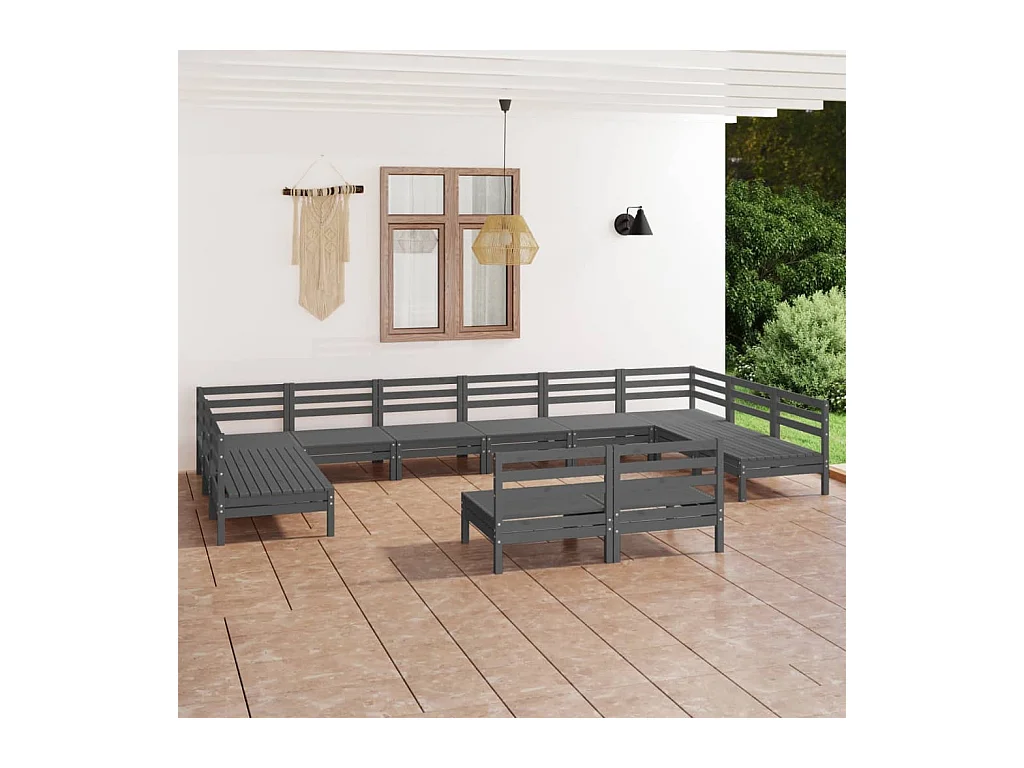 Salon de jardin 12 pcs Gris Bois de pin massif